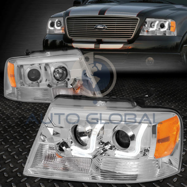 PAR DE FARÓIS COM LENTE PROJETORA E CARCAÇA CROMADA PARA FORD F-150 2004-2008